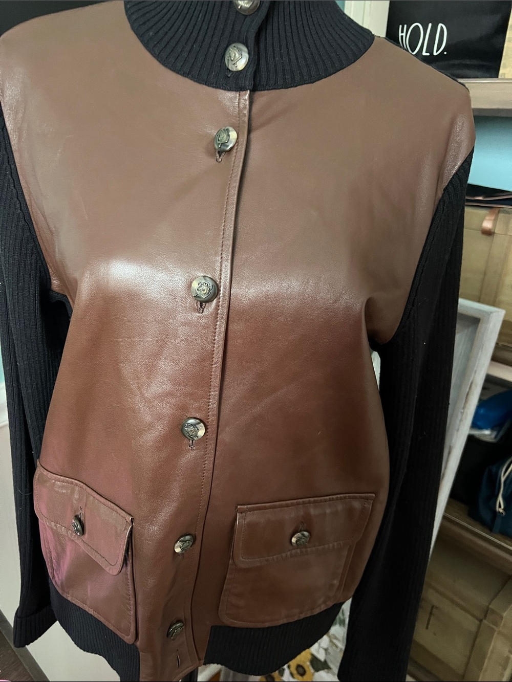 Lauren Ralph Lauren exclusive Brown Leather Front Jacket with Black Knit Sleeves